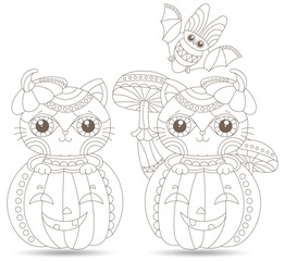 A set of contour illustrations in the style of stained glass for Halloween with cute cats in pumpkins, dark contours on a white background