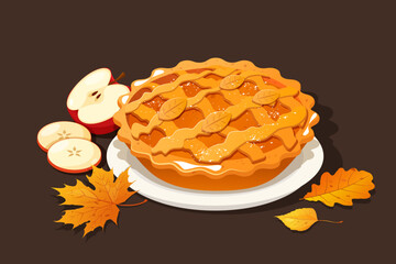 Autumn apple pie composition with fresh apples and leaves
