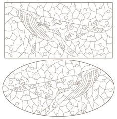 A set of contour illustrations in the style of stained glass with abstract whales, dark contours on a white background