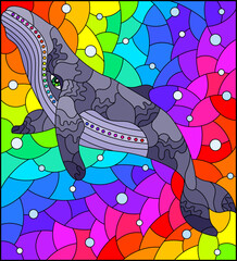 An illustration in the style of a stained glass window with an abstract cat on a background of water and air bubbles