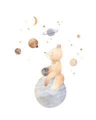 Cute fox dreams about space. The fox sits on the planet and looks into the sky. Decor for a children's room. Watercolor illustration.