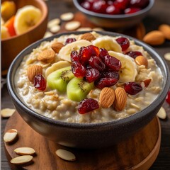 Oatmeal with fresh berries and nuts in a bowl on wooden background