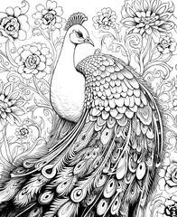 Fototapeta premium Black and white illustration for coloring birds, peacock.