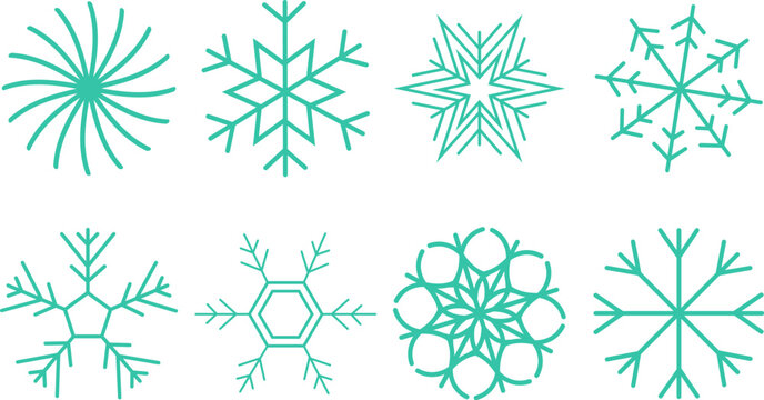 Set Of Winter Snowflakes. Christmas Snowflakes Collection. Vector Illustration Of Blue Snowflakes Isolated On Transparent Background. Simple Different Snowflakes