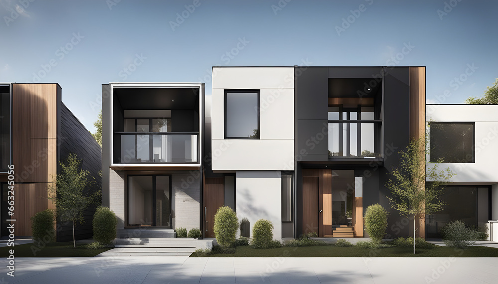 Wall mural Modern modular private townhouses. Residential minimalist architecture exterior. 