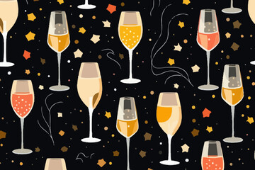 Champagne sparkle quirky doodle pattern, wallpaper, background, cartoon, vector, whimsical Illustration