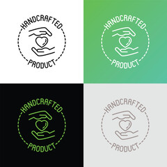 Handcrafted product sign: hands with heart in circle. Thin line icon. Modern vector illustration for packaging.
