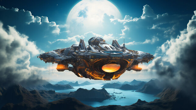 Sophisticated alien spaceship floating over a desert planet