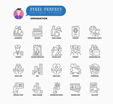 Immigration thin line icons set: immigrants, illegals, baggage examination, passport, resident card, public housing, customs, inspection, refugee camp. Editable stroke. Vector illustration.
