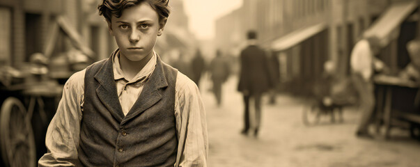A boy standing on the street. Vintage 1900s style street photography. - obrazy, fototapety, plakaty