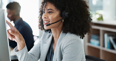 Happy woman, call center and headphones in customer service, telemarketing or support at office....