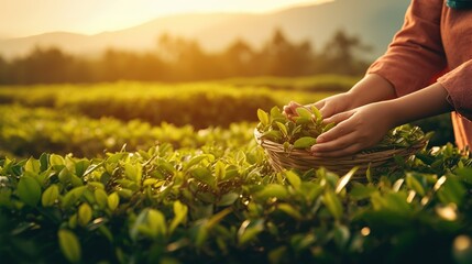 Tea picker women harvesting tea leafs in a tea plantation - obrazy, fototapety, plakaty