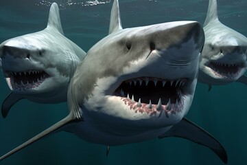Three large sharks approach you from the deep and one attacks, rendered in 3D. Generative AI