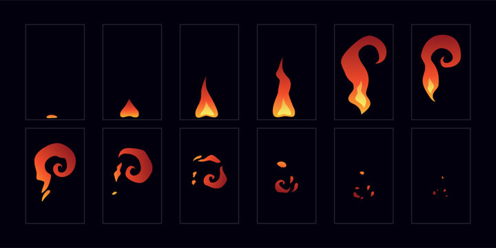 Set of fire flames. Fire explosion sprites frame loop animation for cartoon, video game, motion graphic. Vector editable illustration art.