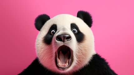 Shocked panda with big eyes isolated on pink background, funny animal expression, cute and...