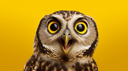 Studio portrait of surprised owl, isolated on yellow background