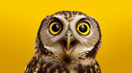Obraz premium Studio portrait of surprised owl, isolated on yellow background