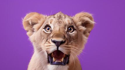 Obraz premium Shocked lion with big eyes isolated on purpple background, funny animal expression, cute and smile face