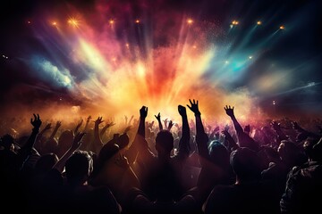 Fototapeta na wymiar Crowd dancing and jumping at a night concert. AI generative.