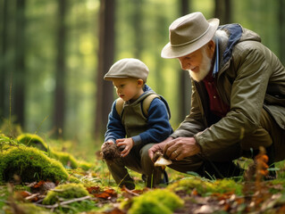 Naklejka na ściany i meble Grandfather with his grandson searching for mushrooms in the forest. AI generative.