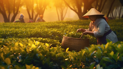Tea picker women harvesting tea leafs in a tea plantation - obrazy, fototapety, plakaty