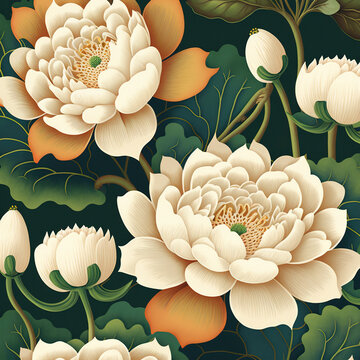 Hand-painted White Lotus Seamless Pattern, Reflecting Korean Traditional Minhwa Style Art -  Surface Design
