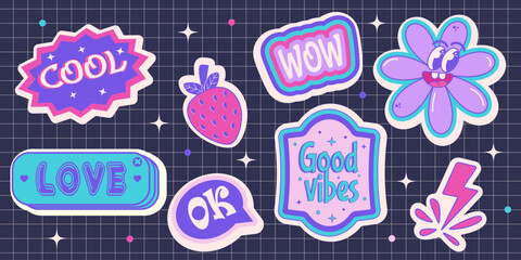 stickers with inscriptions in retro style y2k