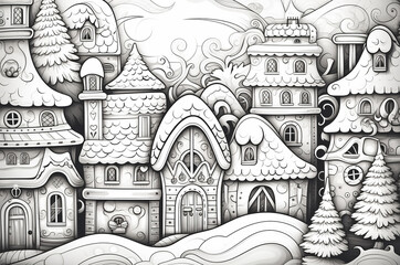 Naklejka premium Winter coloring book. Doodle winter houses with Christmas trees