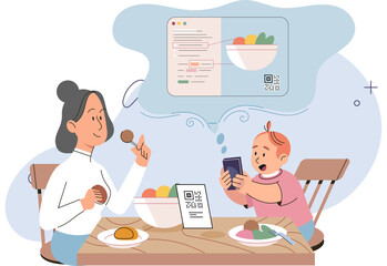 Healthy food app as mobile application with nutritional value for baby. Interactive tool to separate junk and vitamin rich meal eating. Web help for feeding children. Child scans qr code on phone