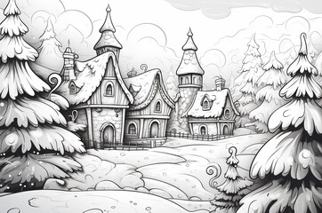 Naklejka premium .Christmas coloring book for children. Doodle houses and Christmas trees