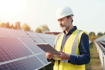 Photo of a Male Engineer With Digital Tablet Near Solar Panels