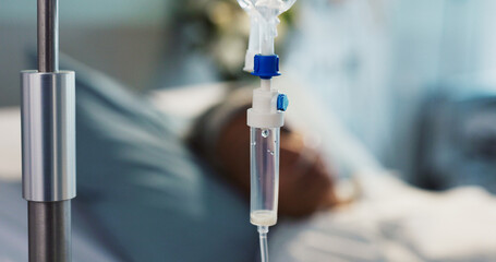 IV drip, health and medicine with patient in hospital, treatment and surgery with healing pr...