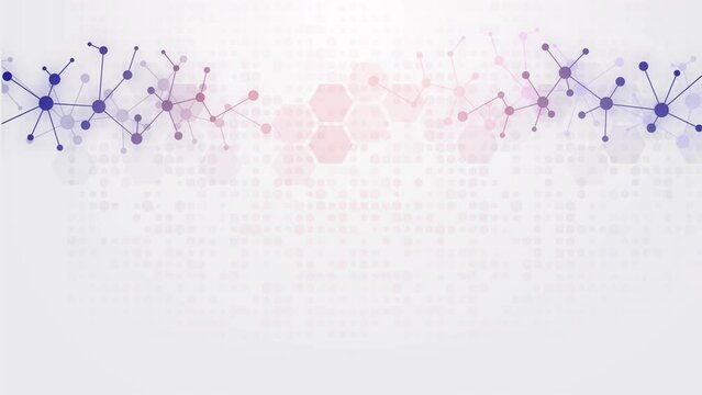 White scientific abstract background with copy space and colored molecular mesh. Animated science glowing screensaver. Looped motion graphics.