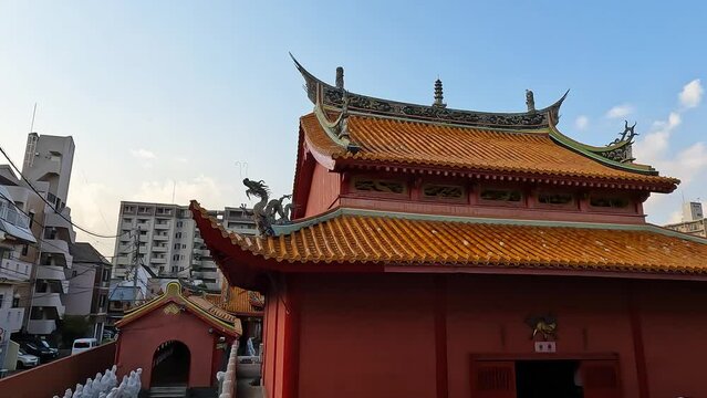 Cofucius Shrine in Nagasaki, Japan. Blue sky colorful temple with vibrant colors. Travelling Japan