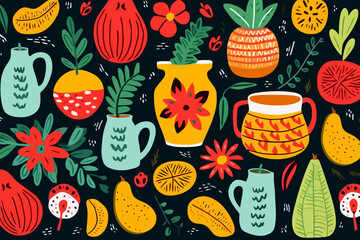 Still life quirky doodle pattern, wallpaper, background, cartoon, vector, whimsical Illustration
