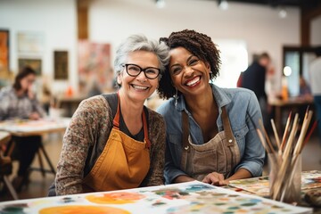 Cheerful middle aged woman with Young artist woman attend a painting workshop together and have fun. happy and cool smile on face. Generative AI