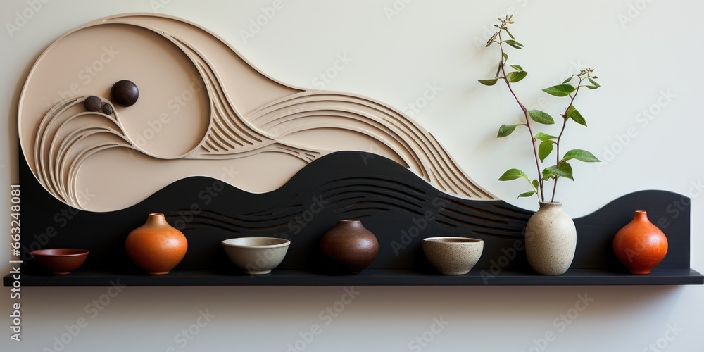 Poster a shelf with vases and vases on it. ai image. zen arrangement.