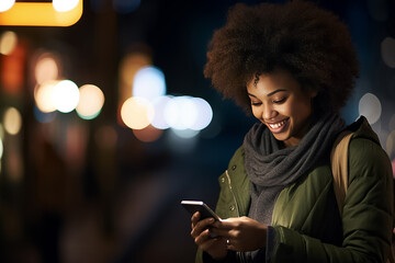 The portrait of a smiling woman using a smartphone to texting a message in a night, Generative AI.