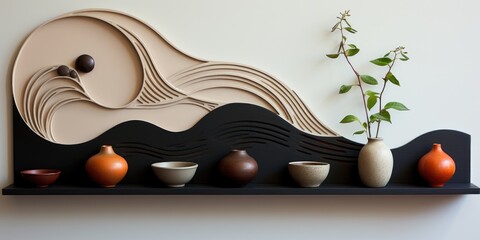 A shelf with vases and vases on it. AI image. Zen arrangement.