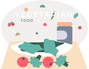 Naklejka premium Plate with fresh vegetables, lettuce and tomato vector illustration. Healthy food, natural ingredients for vegetarian dish, salad. Cook at home, organic food, vegan product preparation concept