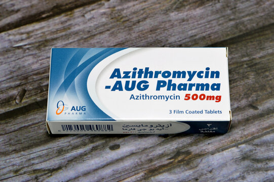 Cairo, Egypt, October 15 2023: Azithromycin 500mg tablets by AUG Pharma, a broad-spectrum macrolide antibiotic with a long half-life and a high degree of tissue penetration, azalide subclass macrolide
