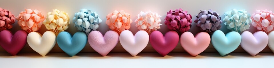 A row of heart-shaped candies in various colors. Valentine's day heart banner.