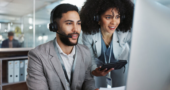 Business people, call center and coaching staff in telemarketing, customer service or support at office. Team, agent or consultant training together in teamwork for online advice, help or contact us