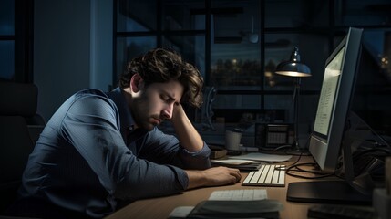 Fototapeta premium Overemployed and overworked employee struggling to poor time management. Exhaustion, and depression. Unhealthy work life balance and need for better stress management and selfcare in the workplace.