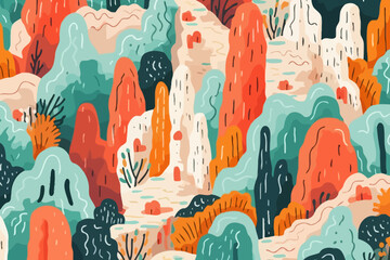Rocky cliffs quirky doodle pattern, wallpaper, background, cartoon, vector, whimsical Illustration