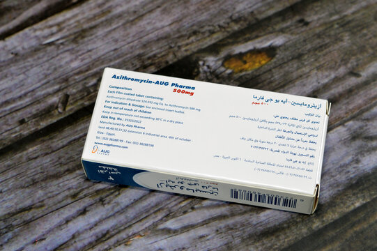 Cairo, Egypt, October 15 2023: Azithromycin 500mg tablets by AUG Pharma, a broad-spectrum macrolide antibiotic with a long half-life and a high degree of tissue penetration, azalide subclass macrolide
