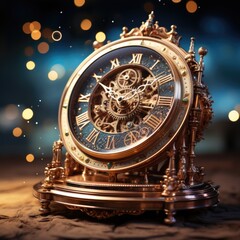 Obraz premium A gold clock sitting on top of a table. AI image.