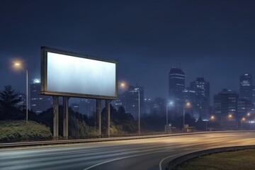 Blank sign on highway with city background with clipping path on screen - can be used for trade shows, promotional posters. Advertising concept