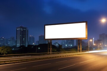 Blank sign on highway with city background with clipping path on screen - can be used for trade shows, promotional posters. Advertising concept