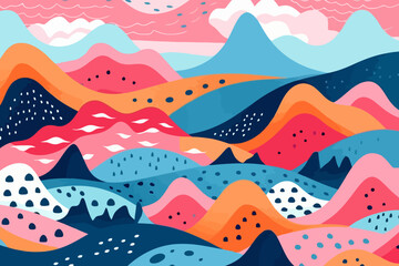 Mountain lakes quirky doodle pattern, wallpaper, background, cartoon, vector, whimsical Illustration
